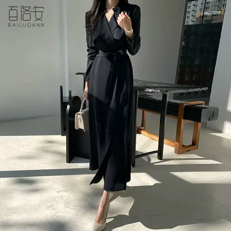 百洛安气质优雅知性连衣裙女长袖秋装新款时尚系带风衣式OL长裙子图片