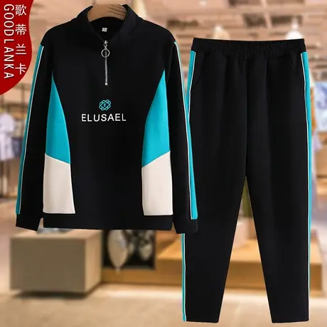 中老年女秋装运动服两件套大码宽松时尚中年妈妈撞色上衣休闲套装商品大图