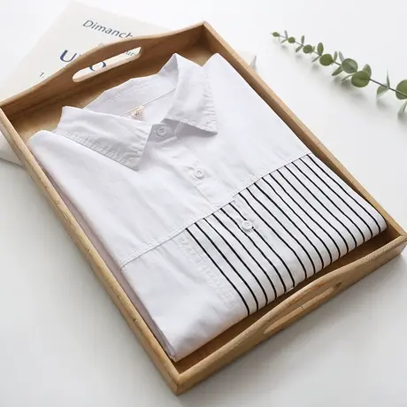 春季设计感小众条纹拼接纯棉白色衬衫女复古外套日系长袖打底上衣商品大图