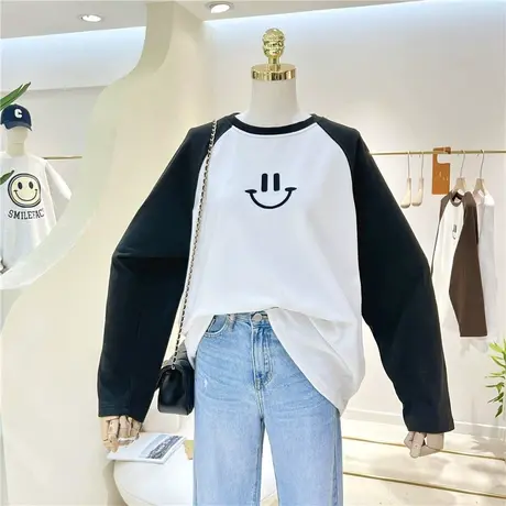 卡通刺绣笑脸加厚拼接撞色BF风舒适德绒插肩袖打底衫内搭T恤女潮商品大图