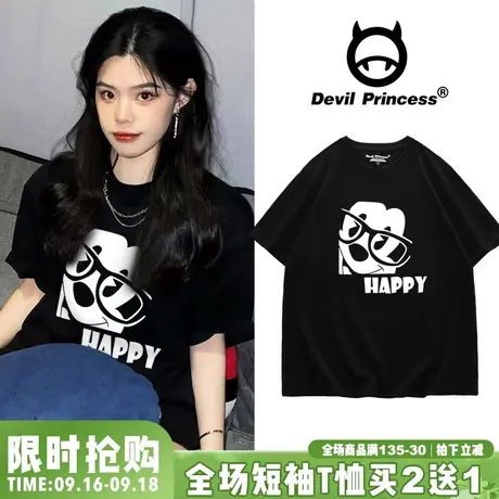 欧货大版ins风卡通潮牌黑色t恤女短袖2023春夏新款百搭学院风上衣图片