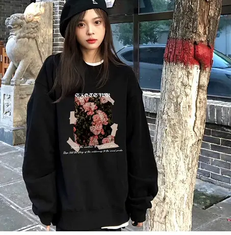 套头无帽卫衣女秋冬宽松慵懒风圆领美式复古小众设计感潮牌上衣图片