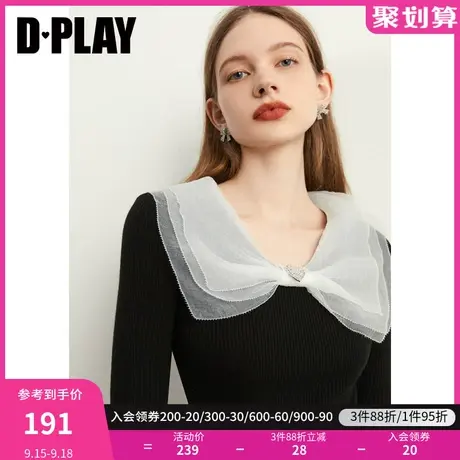 DPLAY早秋装新雅泡泡纱蝴蝶结领闪钻爱心黑色中袖针织衫商品大图