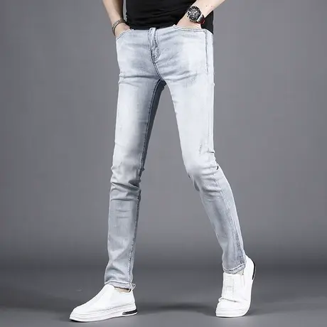 2022夏季新款高端潮牌牛仔裤男修身小脚浅色弹力薄款男士裤子夏天商品大图