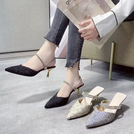 两穿包头半拖鞋女夏外穿2023新款女士尖头高跟鞋时尚懒人凉拖鞋商品大图