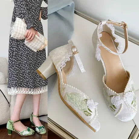 中国风粗跟搭配旗袍汉服鞋子女玛丽珍鞋单鞋春夏新款包头凉鞋女鞋商品大图