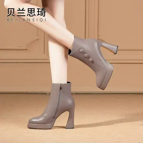 真皮圆头厚底粗跟短靴女2023秋冬季新款防水台高跟骑士马丁靴子商品大图