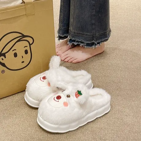棉拖鞋女冬季2023新款室内居家毛绒厚底防滑保暖可爱小熊包头拖鞋商品大图