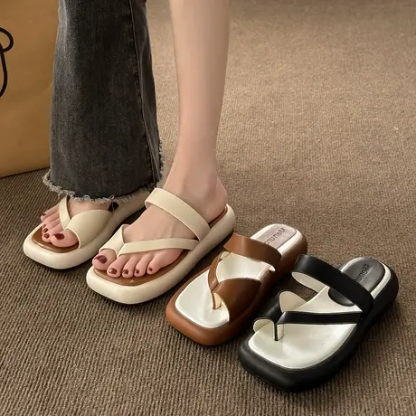 网红超火一字拖女2024春季新款厚底防滑拼色拖鞋复古外穿套趾凉鞋图片