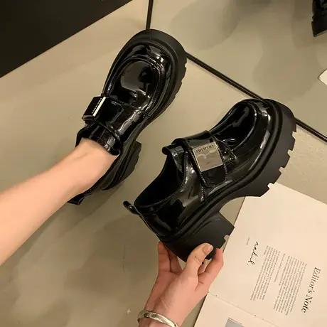 乐福鞋女鞋2024年防滑高级感魔术贴单鞋粗跟高跟英伦风黑色小皮鞋商品大图