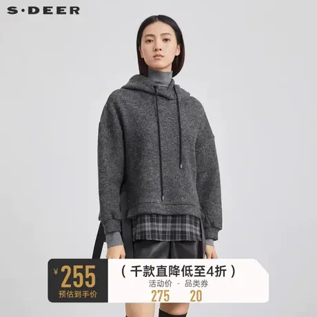 sdeer圣迪奥女装连帽毛呢小格纹花灰色拼接格纹飘带卫衣S223Z2240🎑图片