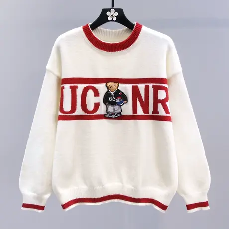 字母撞色小熊毛衣女秋冬2023新款宽松学院风洋气减龄针织衫上衣图片