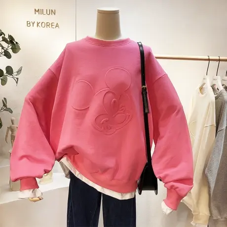 2021春季新版韩国东大门印花纯色卫衣荷叶边假两件套装卫衣大码图片