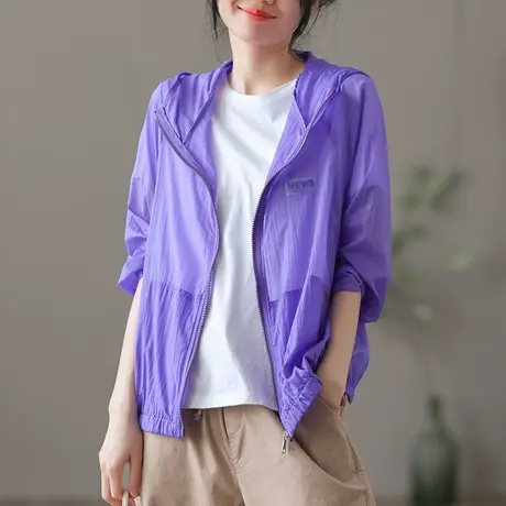 dza 复古薄款透气夏季防晒衣女士短外套新款漂亮上衣宽松连帽开衫商品大图