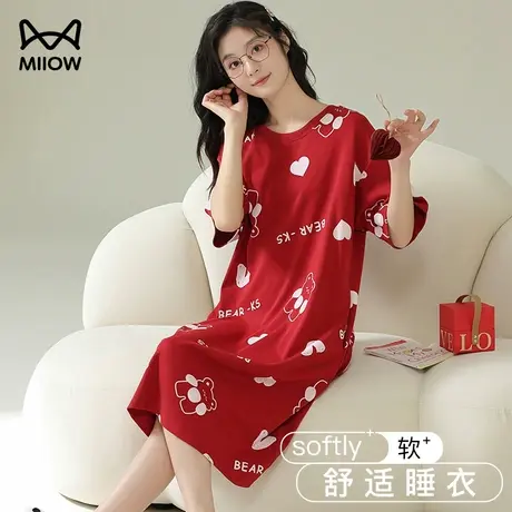 猫人100%纯棉睡裙短袖睡衣可爱可外穿大红2024新款薄款夏季家居服图片