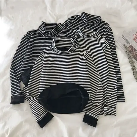 2023年新款春秋冬季条纹洋气上衣秋衣高领内搭加绒加厚打底衫女装商品大图