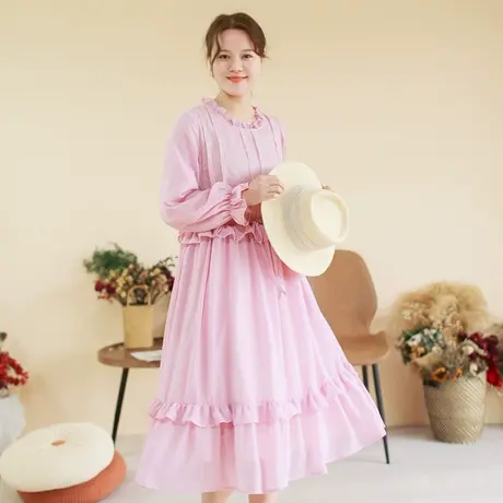 胖妹妹秋季2023新品法式优雅蕾丝拼接长裙 大码微胖宫廷风连衣裙商品大图