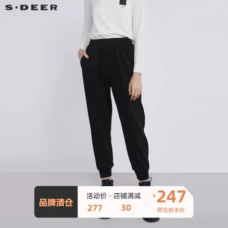 S·🖐DEER圣迪奥女装松紧插袋灯芯绒拼接运动黑色长裤S21480814图片