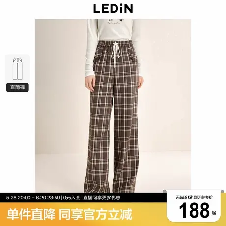 乐町袋盖格纹长裤秋季新款韩系学院风休闲抽绳阔腿裤女格子裤子商品大图