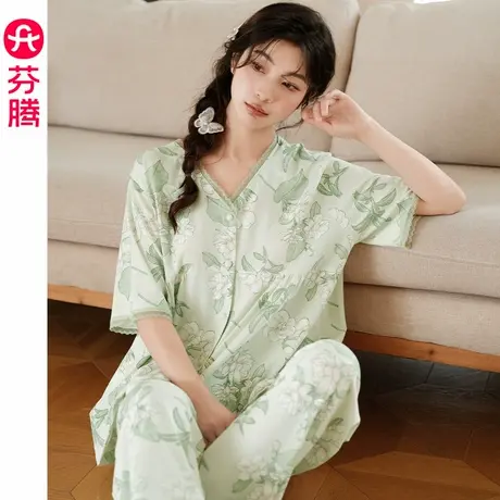 芬腾睡衣女士夏季纯棉薄款短袖长裤套装休闲宽松舒适中国风家居服商品大图