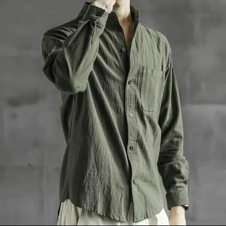 纯色长袖衬衫男春秋季薄款休闲寸衫青年立领宽松棉麻衬衣男士外套商品大图