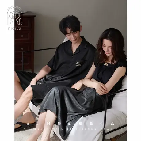 妮狄娅情侣睡衣女夏季凉感冰丝带胸垫中长裙男简约开衫家居服套装商品大图