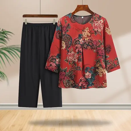 中老年人秋季妈妈装薄款套装老太太大码宽松衣服奶奶装中袖两件套商品大图