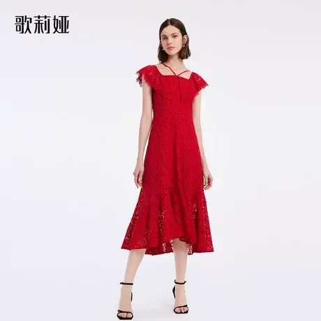 歌莉娅红色中式蕾丝连衣裙高级感夏装女露肩法式气质女1B5R4K3X0商品大图