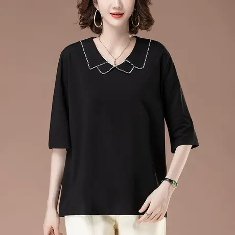 纯棉中袖t恤女春秋加肥加大码女装宽松中年妈妈休闲七分袖打底衫商品大图