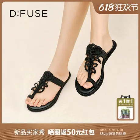 Dfuse迪芙斯2025夏季新款浪漫玫瑰花钻带凉拖度假风平底拖鞋女商品大图