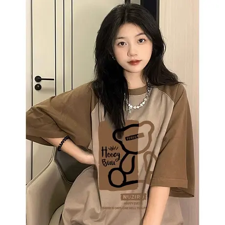 夏季插肩袖T恤女高级感咖色上衣oversize纯棉大码韩系ins闺蜜短袖图片