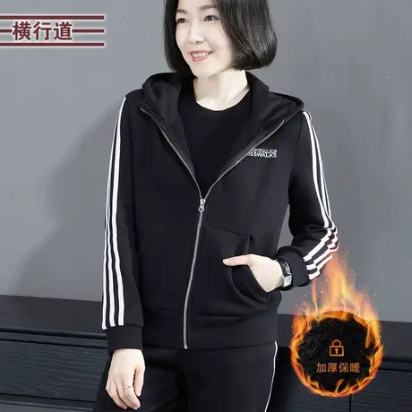 2023新款冬装连帽绣花加绒加厚宽松长袖外套女装大码妈妈休闲上衣图片