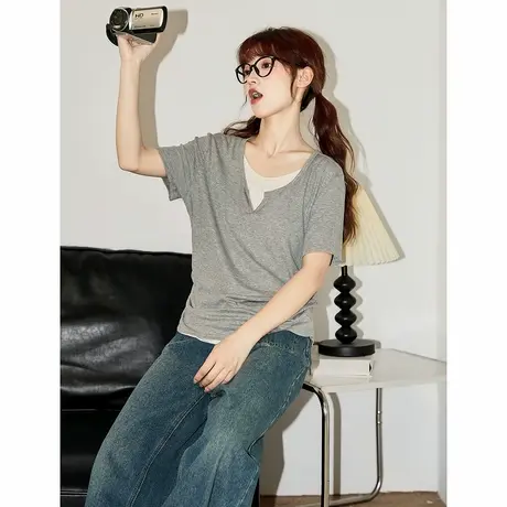 唐狮新款夏季灰色短袖T恤女短款上衣假两件休闲时髦甜辣小衫图片
