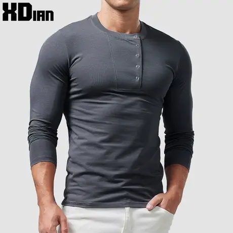春秋薄款亨利衫男长袖t恤纯棉修身紧身个性纯色亨利领内搭打底衫商品大图