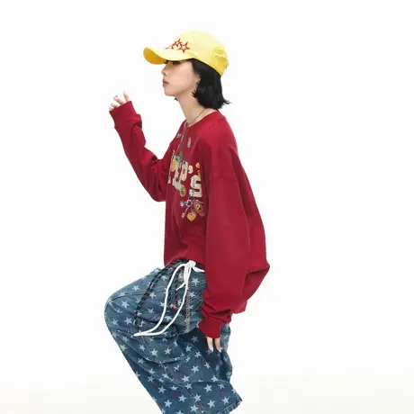 美式潮牌创意印花长袖T恤女春秋新款宽松休闲情侣款圆领套头上衣商品大图