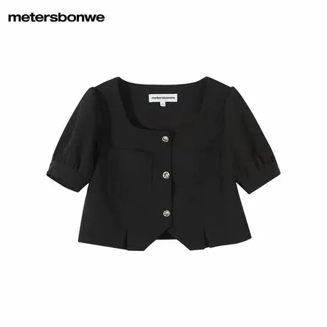 美特斯邦威短袖上衣女士夏季时尚单排扣百搭提花方领小衫商品大图