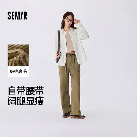 森马休闲裤女腰带磨毛纯棉阔腿裤秋复古做旧打褶长裤街头灰色女裤商品大图