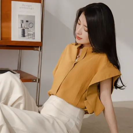 桔熊夏季小众设计感落肩短袖气质立领上衣女胖妹妹大码AB18388商品大图