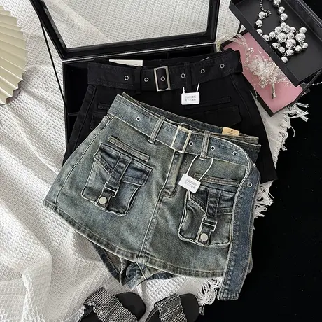 美式街头辣妹口袋工装牛仔短裙2025早秋女装新款弹力a字包臀裙裤商品大图