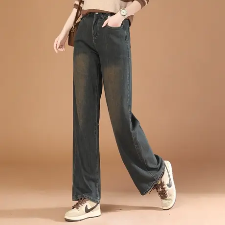 韩潮袭人水泥灰直筒牛仔裤女2023秋冬新款复古港风显瘦垂感阔腿裤商品大图