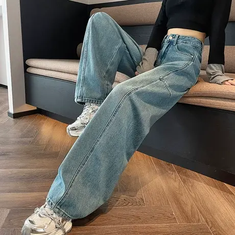 阔腿牛仔裤女高腰2025春秋新款宽松直筒裤拼接显瘦垂感拖地弯刀裤商品大图