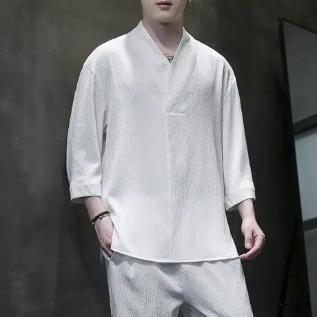 夏季套装男宽松大码白色两件套中袖上衣T恤休闲裤冰丝两件套衣服商品大图