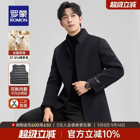 【含羊毛+羽绒内胆】罗蒙男士毛呢大衣2025冬季新款时尚保暖外套商品大图