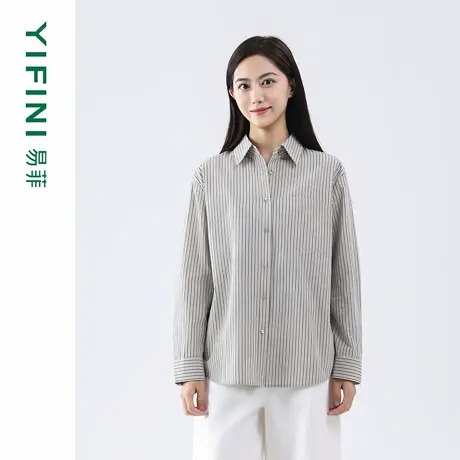 Yifini/易菲100%纯棉竖条纹印花时尚通勤宽松长袖衬衫小翻领上衣商品大图