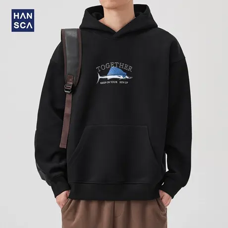 hansca潮流百搭连帽印花卫衣男420g重磅2025秋季撞色休闲通勤上衣商品大图