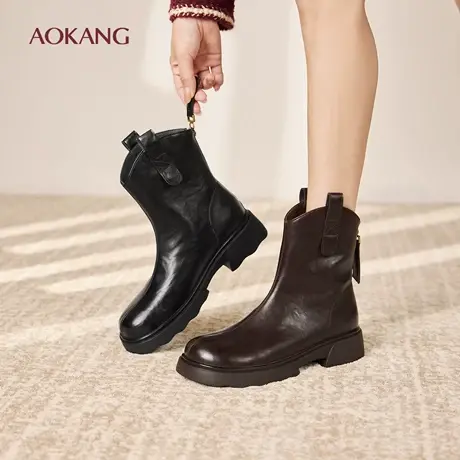 奥康 女鞋2025冬季时装靴复古弹力靴显腿长粗跟增高通勤百搭短靴商品大图