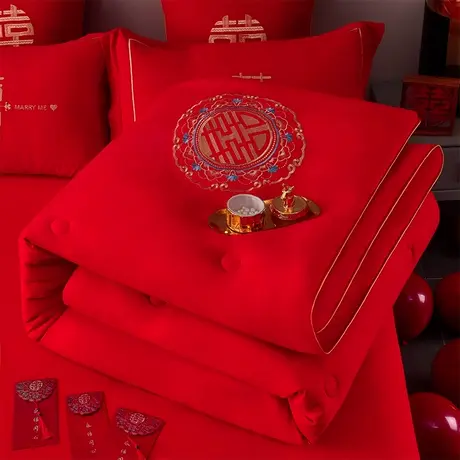 恒源祥婚庆水洗棉绣花被芯大红色结婚被子喜被陪嫁冬被送礼新婚被商品大图