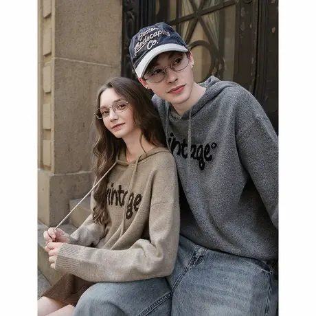 唐狮秋冬季情侣连帽前胸字母提花圆领毛线衫毛衣德美拉肌理感TM商品大图