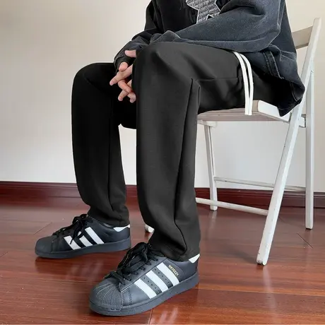 唐狮秋冬款男休闲长裤黑色直筒运动卫裤宽松简约阔腿裤子潮流WTD商品大图