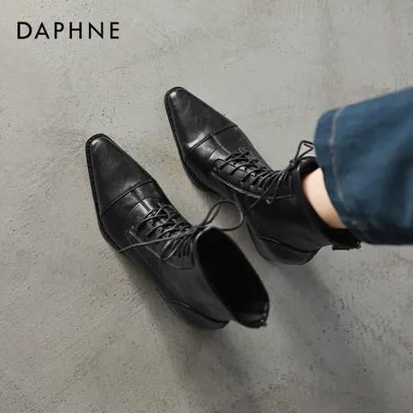 达芙妮高跟短靴女2026新款春季复古尖头粗跟弹力瘦瘦靴系带马丁靴商品大图